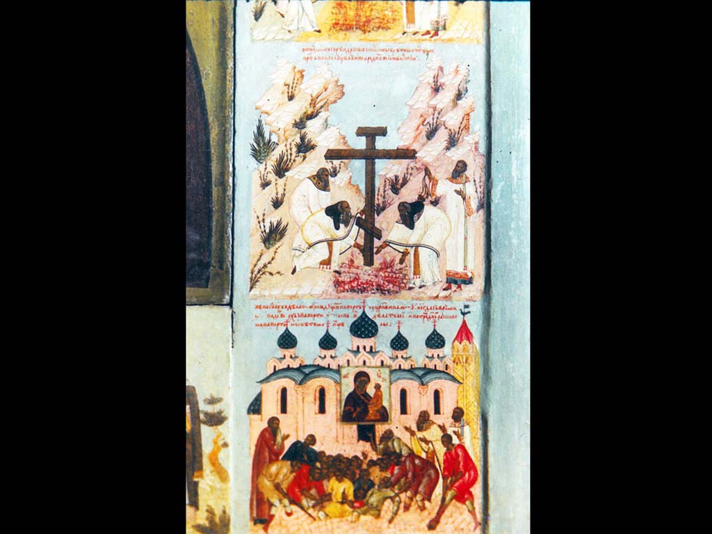 Икона «Богоматерь Тихвинская», с клеммами чудес. XVI в. Фрагмент.