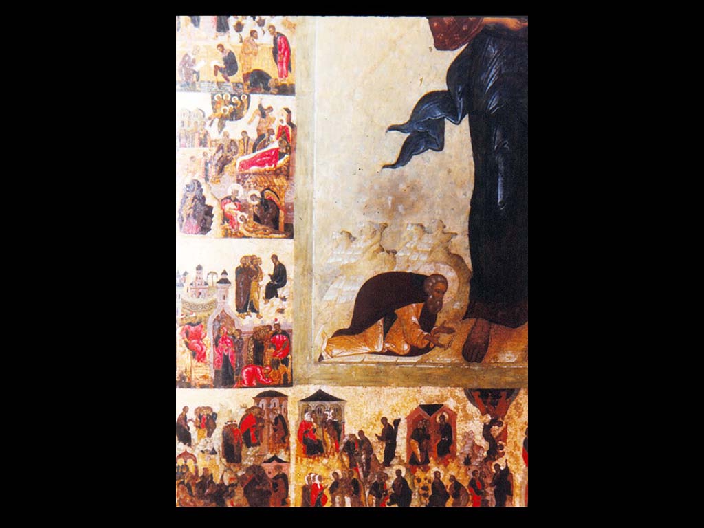 Икона «Спас Смоленский», с евангельскими притчами на полях. XVI в. Фрагмент.