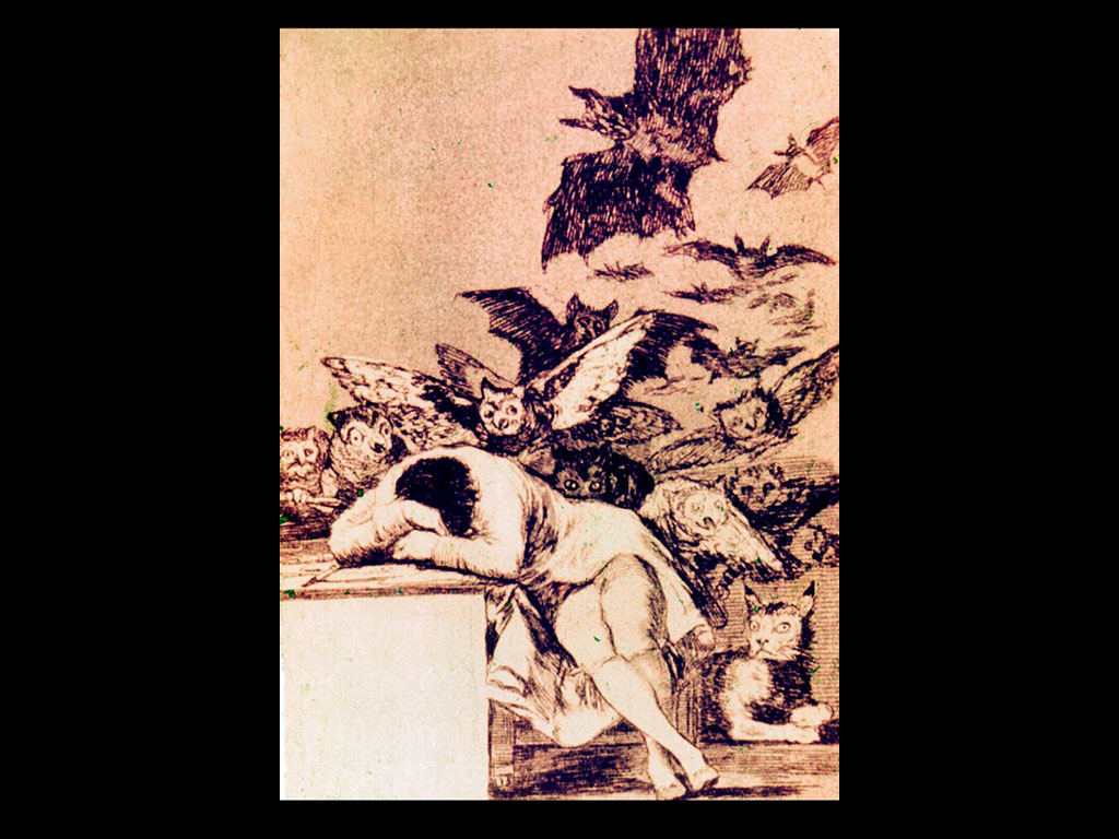 «Сон разума рождает чудовищ» (ок. 1797-1798, Мадрид, Прадо) Офорд из серии «Капричес» № 43.
