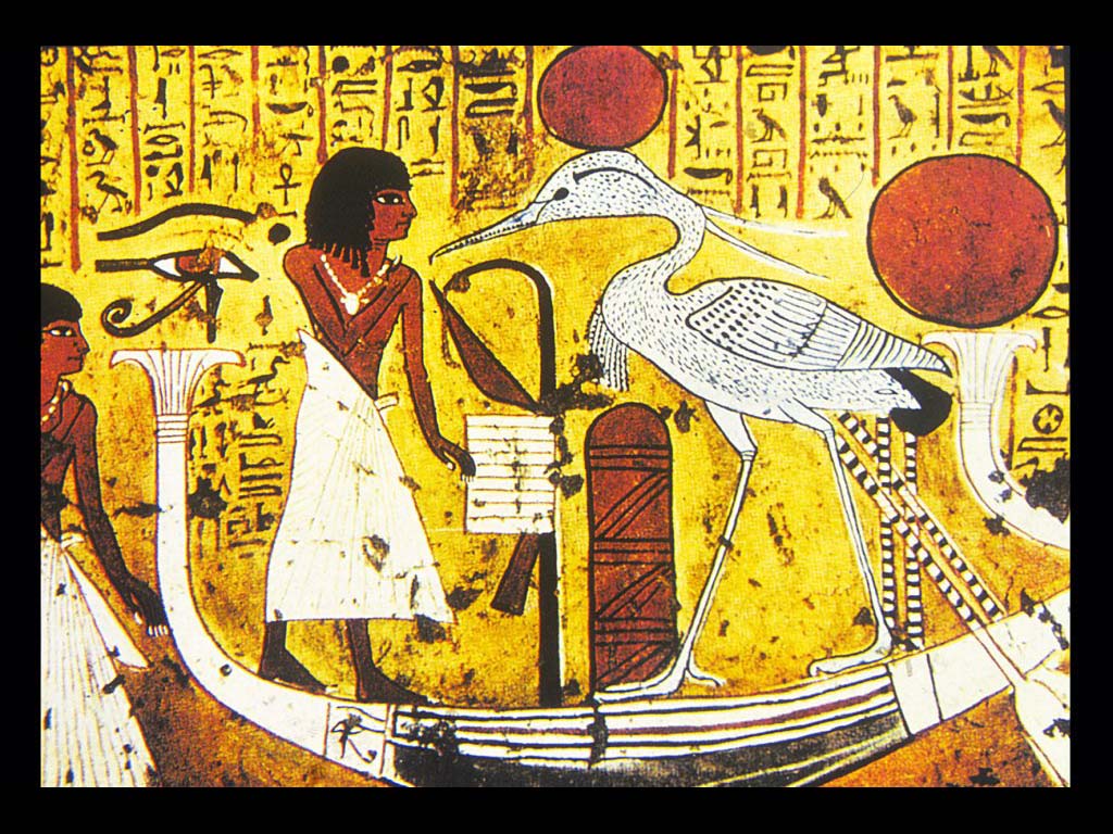 Умерший, поклоняющийся Фениксу в солнечной барке.  XII  вв. до н. э. Роспись в гробнице Иринефера. Египет. Новое царство.