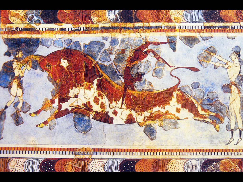 Игры с бизоном. Около 1500 г. до н. э. Фреска из Кносского дворца. Музей Гераклиос. Крит.