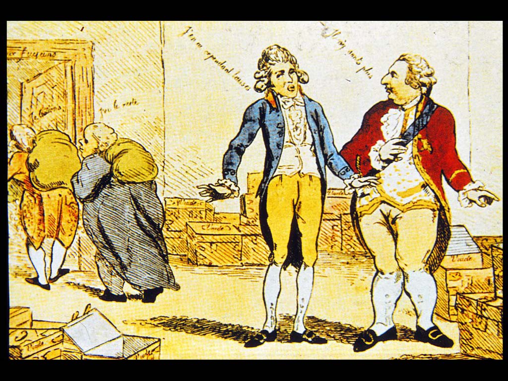 Жак Неккер с рогом изобилия. Французская карикатура. 1780-х. Музей Карнавале, Париж.