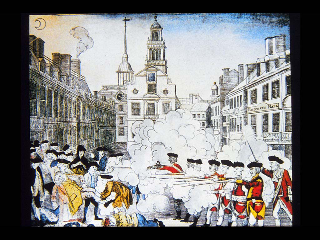 Бостонское попоище. Раскрашенная гравюра. 1770. Собрание Массочусепского Исторического общества, Бостон.