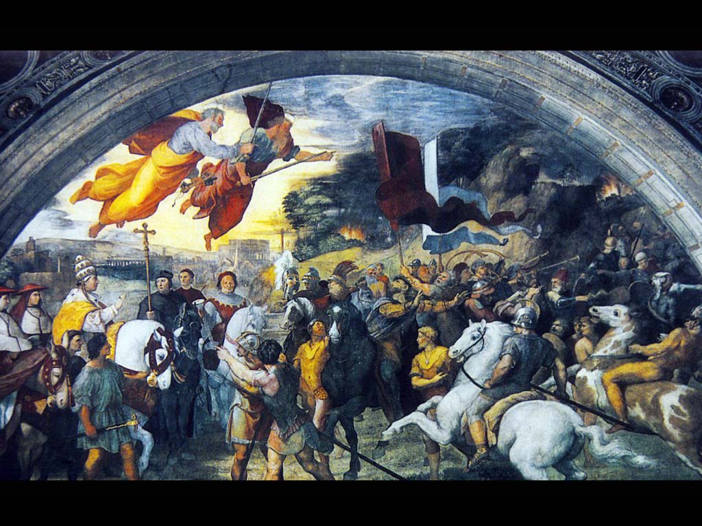 Встреча Льва I с Аттилой. 1513-1514. Фреска Станцы. д’Элиодоро. Ватикан. Рим.