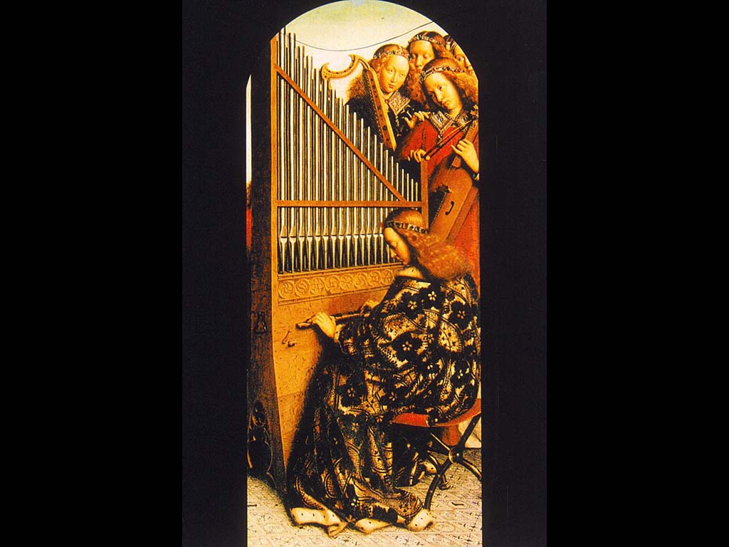 Гентский алтарь. Музицирующие ангелы. Ян Ван Эйк. Внутренние створки . Около 1432. Церковь Св. Бавона в Генте.