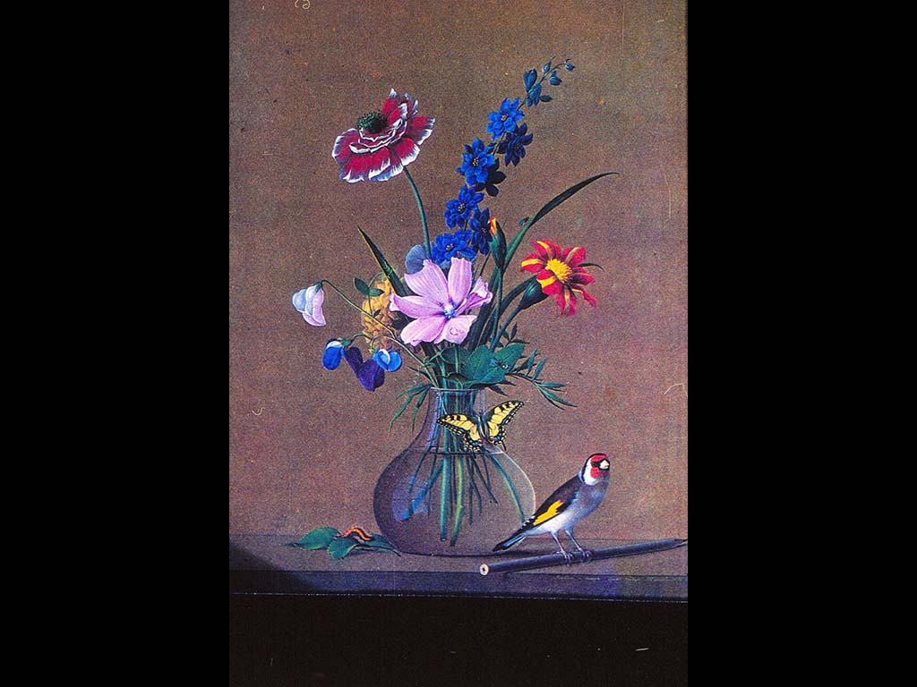 Ф. П. Толстой. Букет цветов, бабочка и птичка. 1820. Х. м.