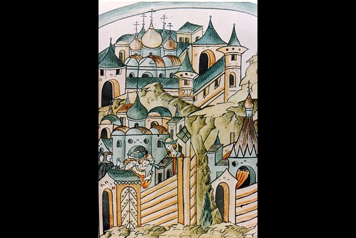 «Строительство Смоленского собора». Миниатюра XVI в.