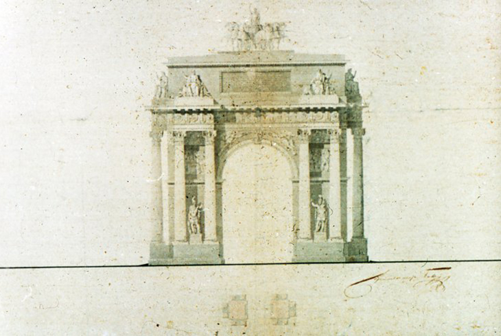 Проект Триумфальных ворот. Фасад. Чертеж О. И. Бове. 1827 г.