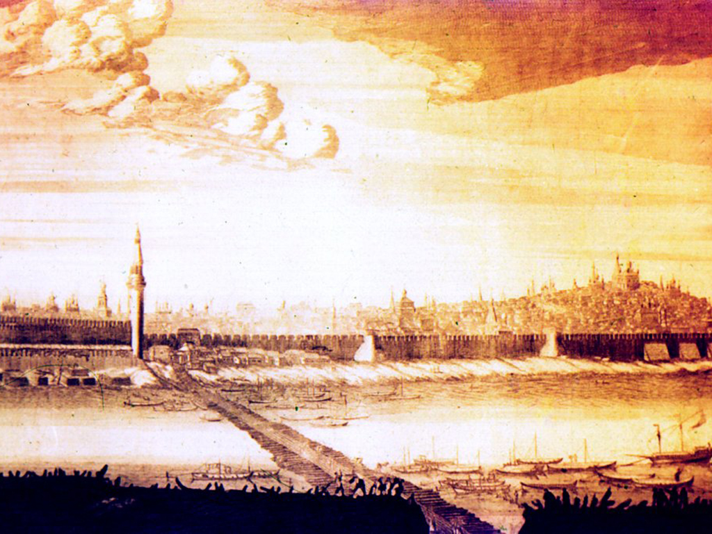 П. Пикарт и И. Бликладт. Наплавной мост. Вид на Замоскворечье. 1708.
