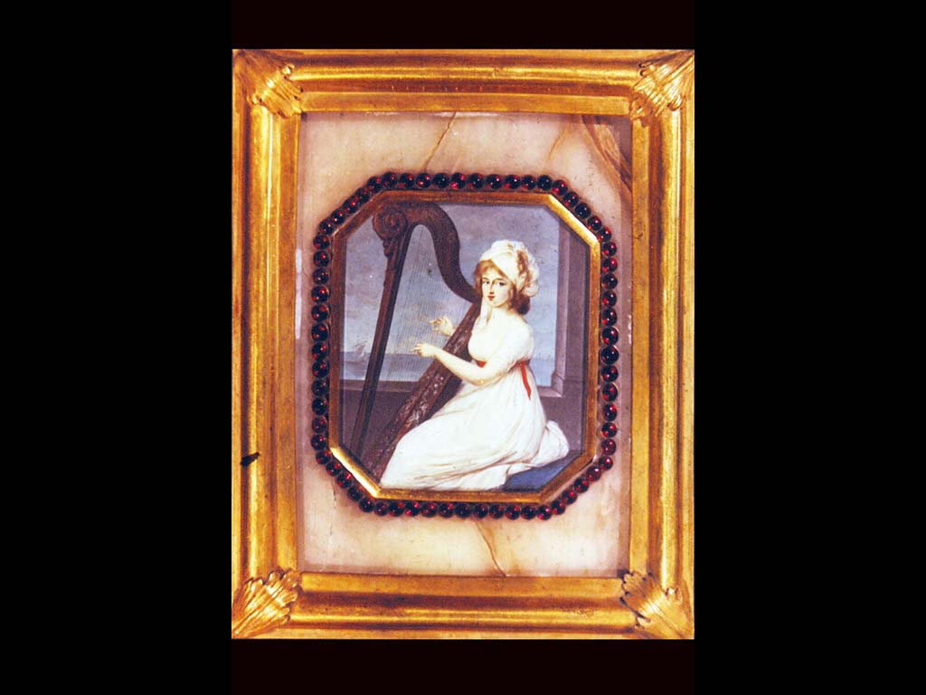 П. Э. Строли. Портрет княгини Е. Б. Шаховской, играющий на арфе. 1790-е гг. Акварель,  гуашь , кость.