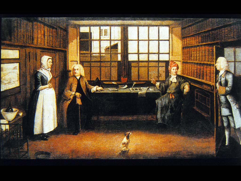 Адвокад с двумя посетителями и служанкой в библиотеке. Феррер Б. Около 1720. Коллекция Сотба, Лондон.
