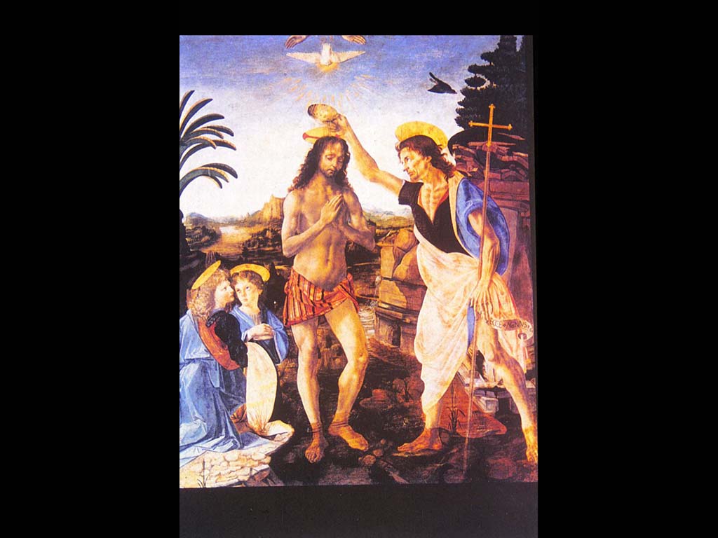 Верроккьо и Леонардо. Крещение Христа. (Голова ангела выаполнена Леонардо.) 1472. Галерея Уффици. Флоренция