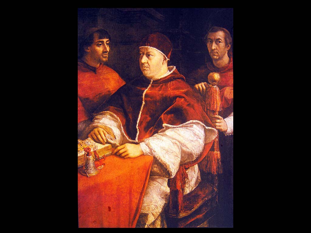 Портрет папы Льва Х с двумя кардиналами. До 1518. Галерея Уффици.