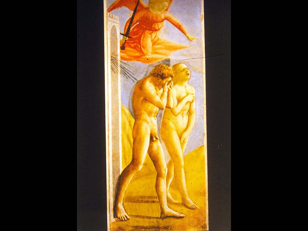 Изгнание Адама и Евы из рая. Мазаччо. Фреска капеллы Бранкаччи. 1427-1428. Церковь Санта Мария дель Кармине. Флоренция.