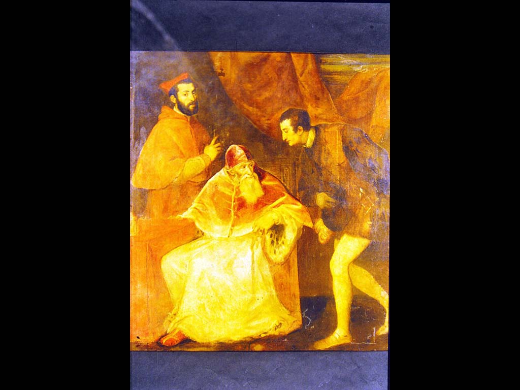 Портрет папы Павла III с Алессандро и Оттавиано Фарнезе. Тициан Вечеллио. 1545-1546. Музей Каподимонте, Неаполь.